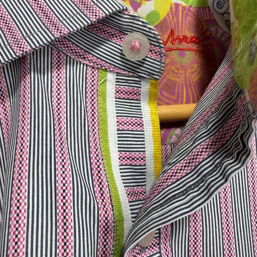 Robert Graham Flip Cuff Button Shirt Men Medium Gray Pink Striped Cotton Floral - Picture 6 of 11
